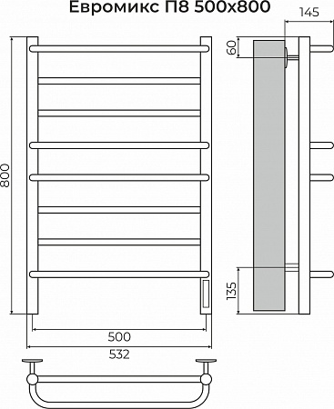 Евромикс П8 500х800 электро КС 9003 матовый ( new встроен диммер) Полотенцесушитель TERMINUS Салехард - фото 3